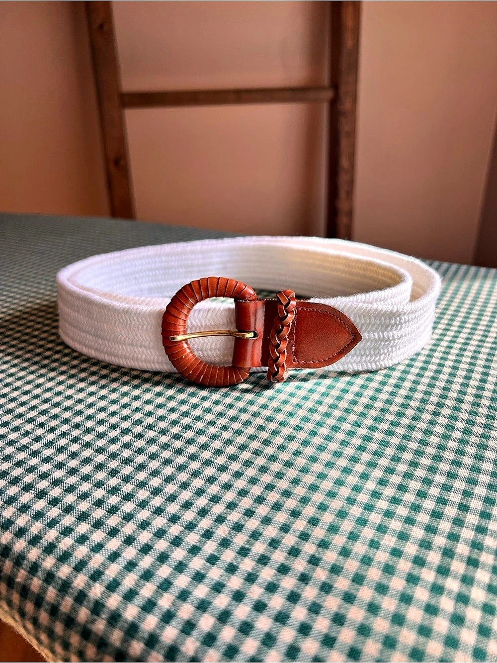 White & Brown Braided Elastic Belt Size L